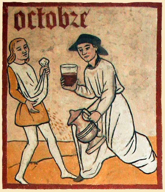 Old English spelling for October. One person in a white robe is offering wine to a young person in orange.